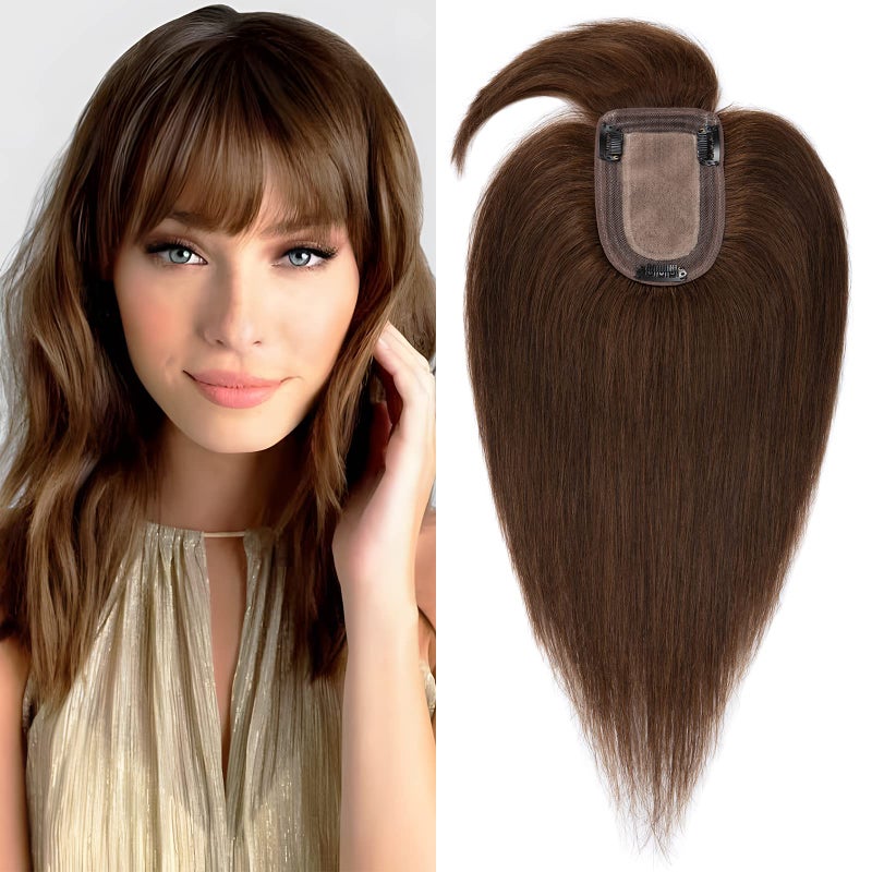 SEGO Hair Toppers for Women Real Human Hair with Thinning Hair Toppers Hair Pieces Clip in Toppers Straight Hair Pieces with Front Bangs 150 Density Silk Base 6 Inch 4 Medium Brown